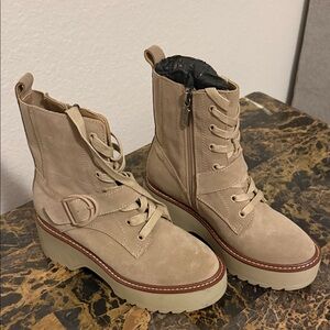 Tan Lace-Up Combat Boots with Buckle Detail